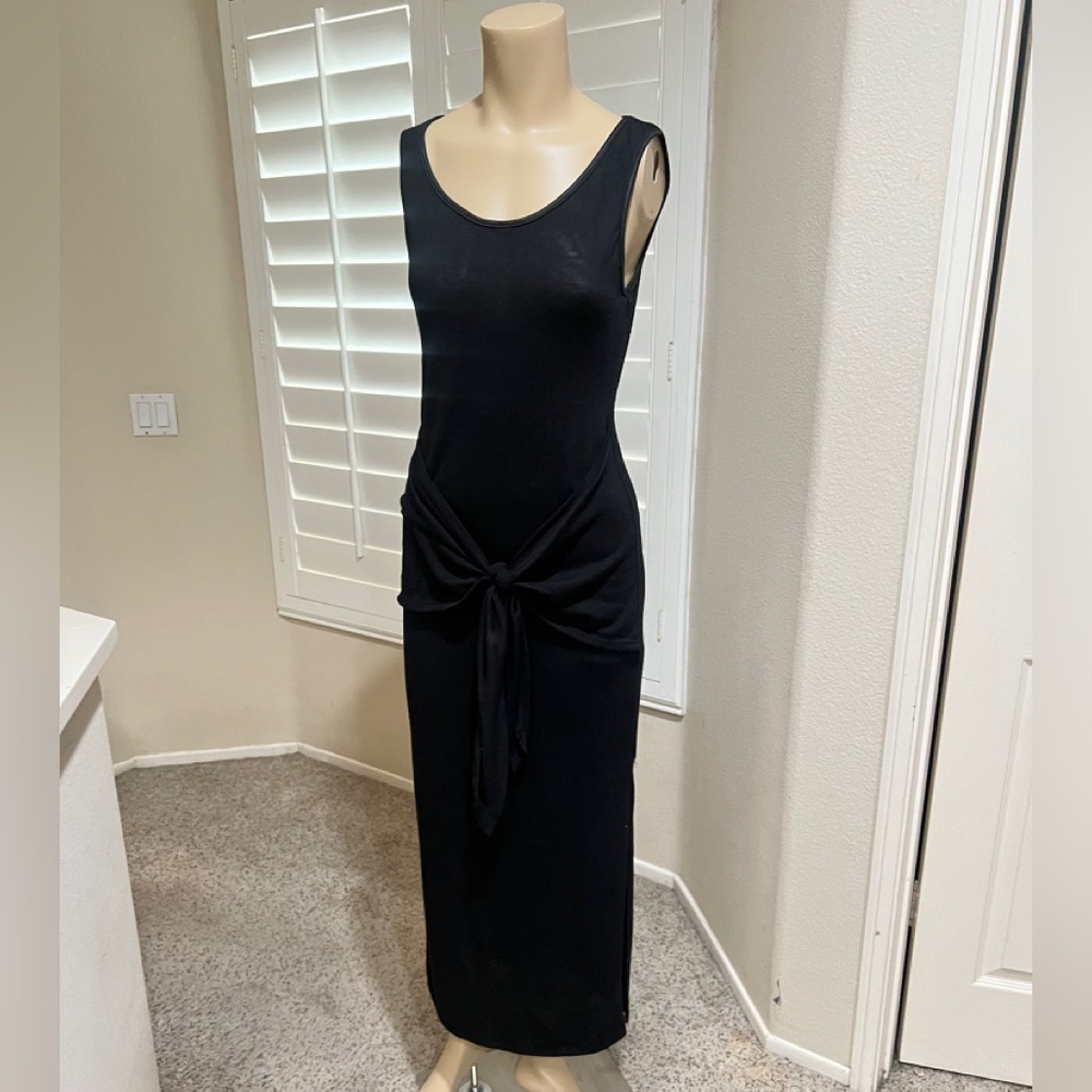 Black tie‎ waist short sleeves side splits see through maxi dress gothic beach S